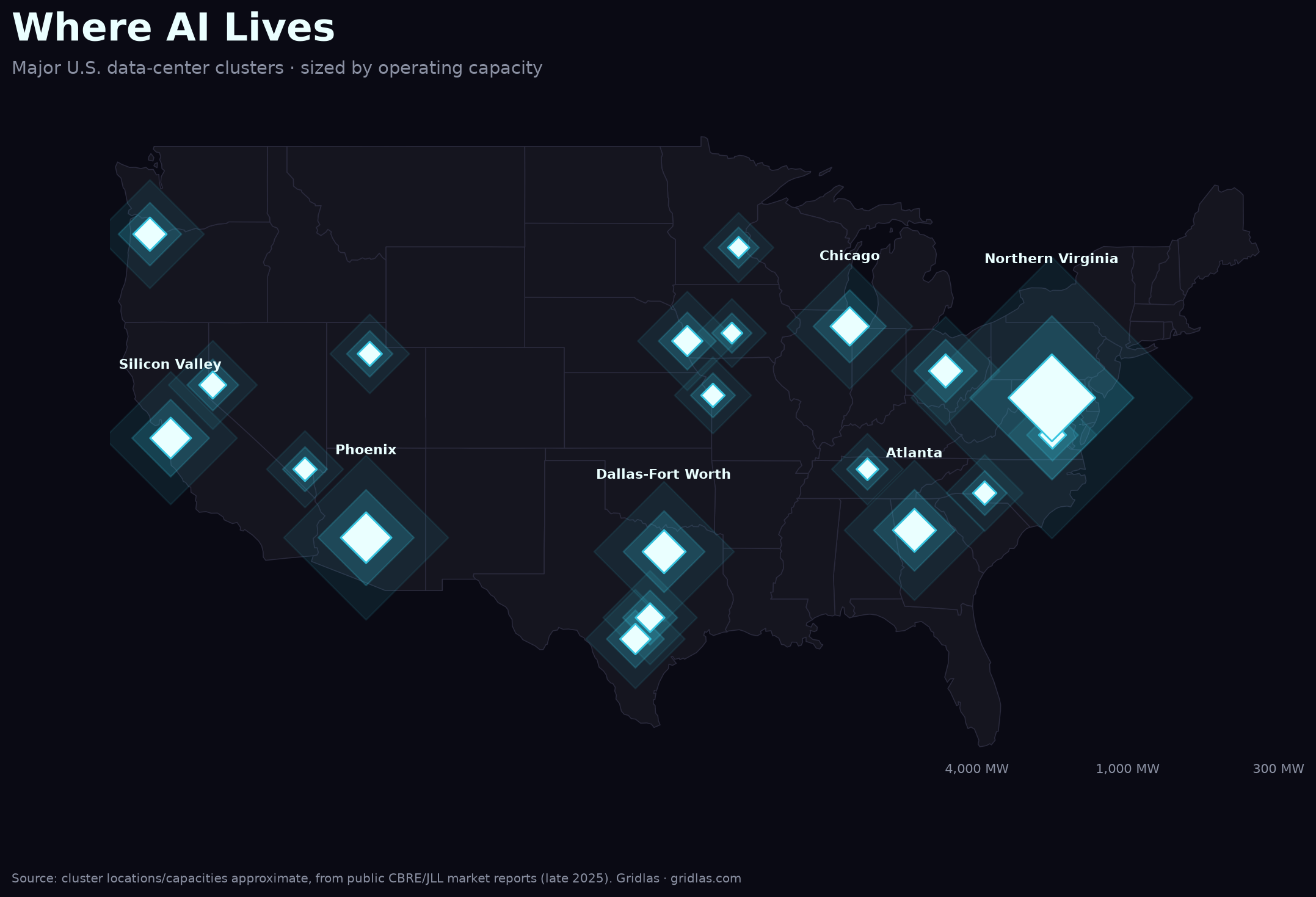 Map of major U.S. data-center clusters over the power grid
