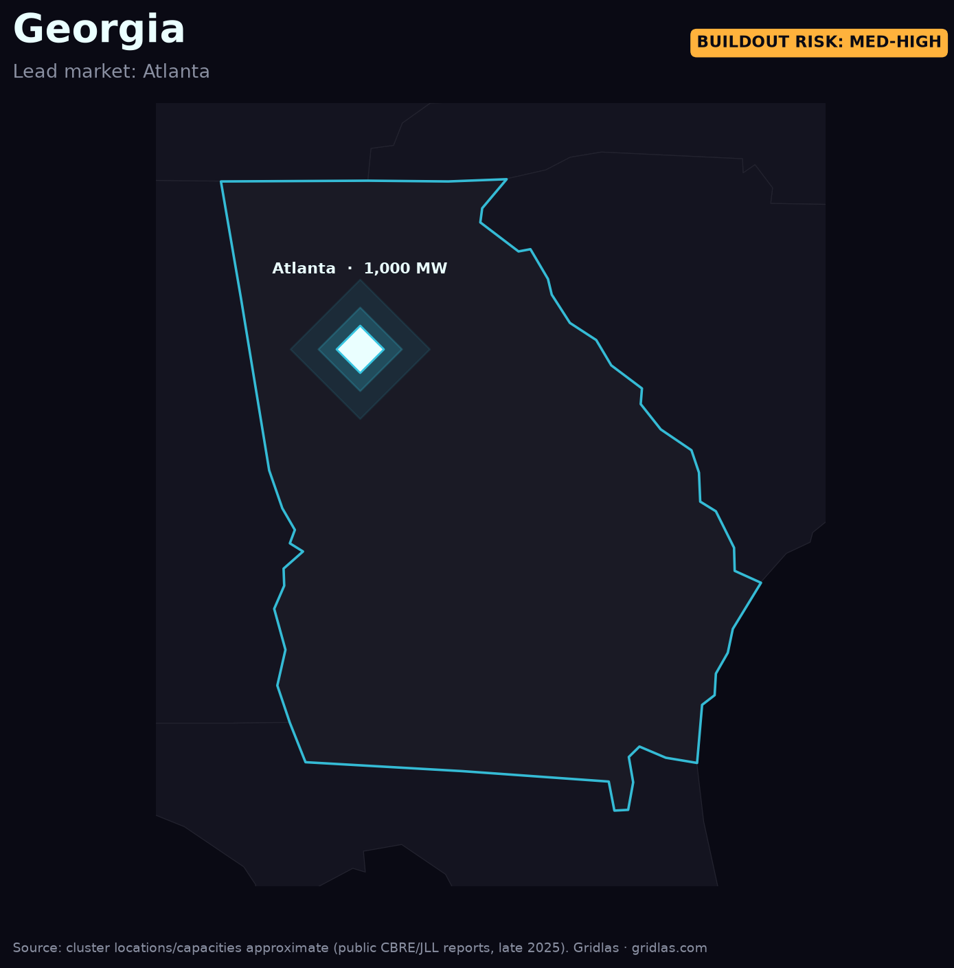 Map of Georgia data-center clusters and power plants over the grid